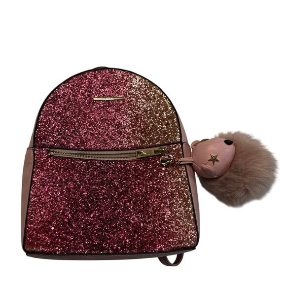 ALDO Pink Faux Leather Glitter Embellished Purse Backpack Sparkly Fur Keychain - Picture 1 of 11